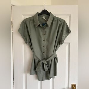 Joie Olive Green Button-Front Tie-Waist Top
